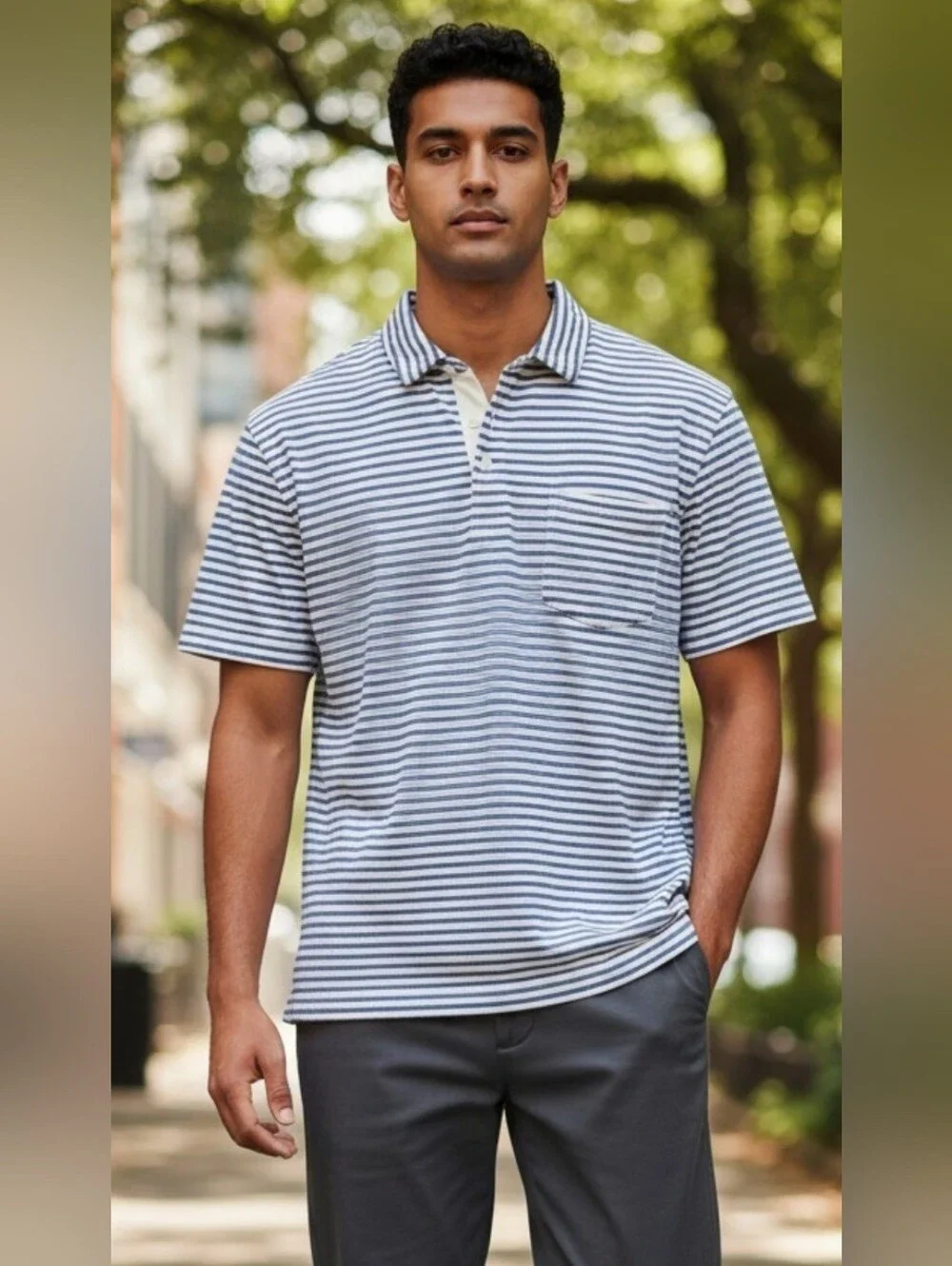 J. Crew Striped Blue and White Short Sleeve Polo with Pocket